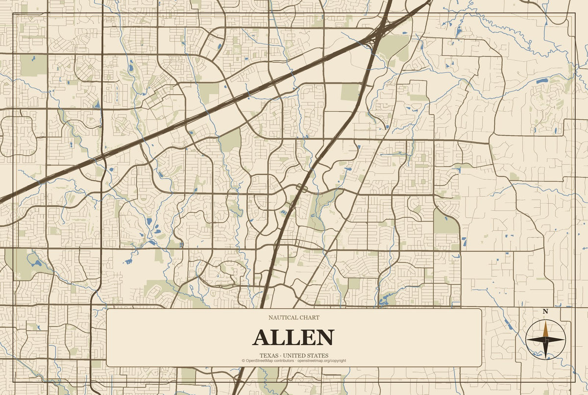 Allen, Texas City Map Aluminum Sign in Heritage Nautical style