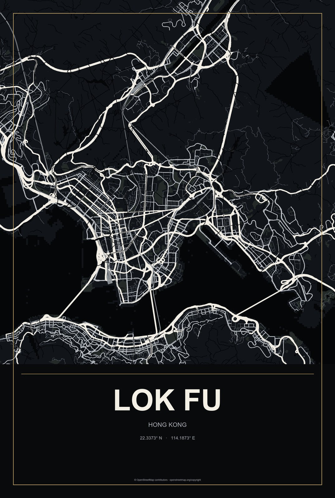 Lok Fu, Hong Kong City Map Aluminum Sign in Metropolitan Noir style