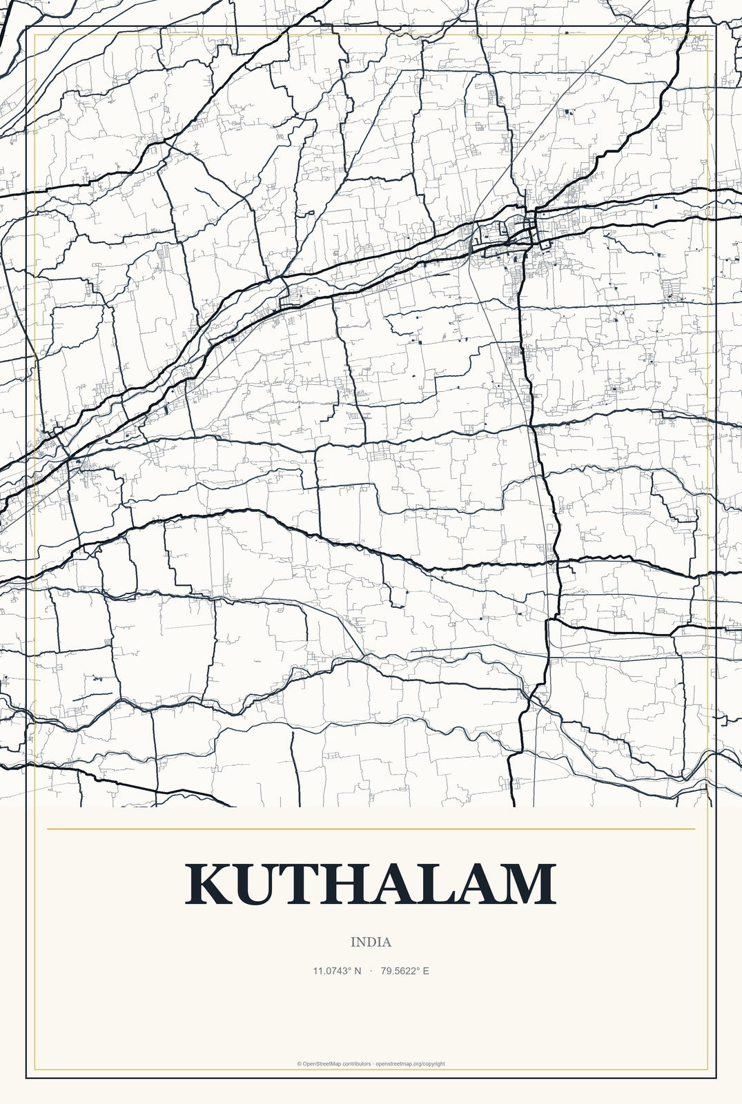 Kuthalam, India City Map Aluminum Sign in Citrine Modern style
