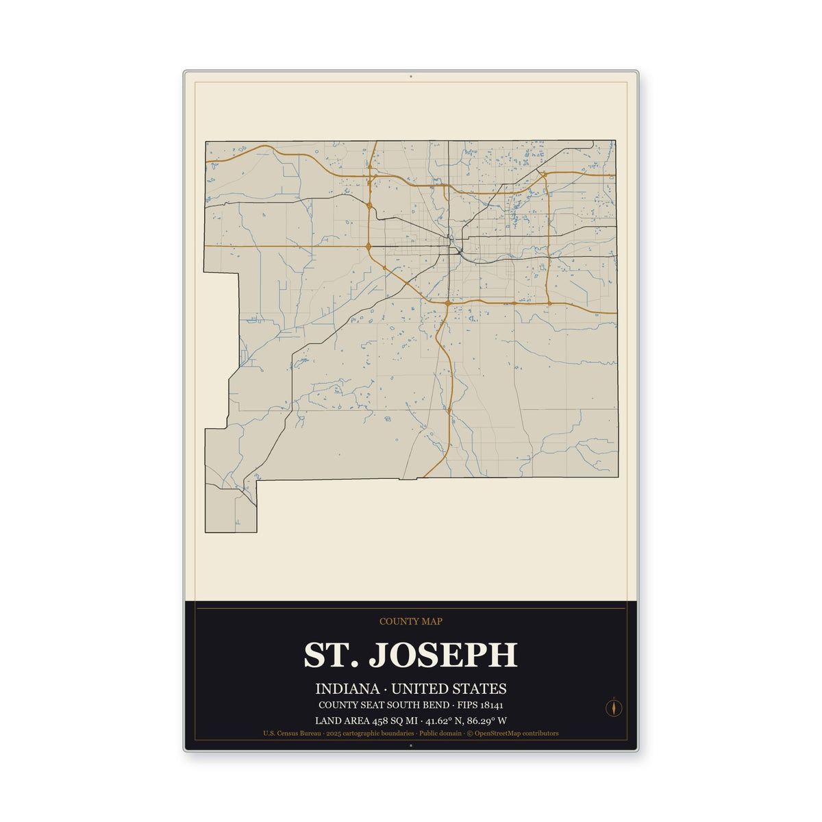 St. Joseph County, Indiana Map Aluminum Sign in Museum Plaque style