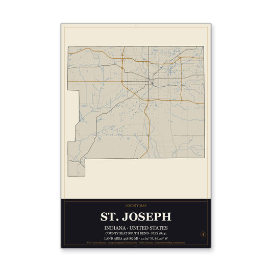St. Joseph County, Indiana Map Aluminum Sign in Museum Plaque style