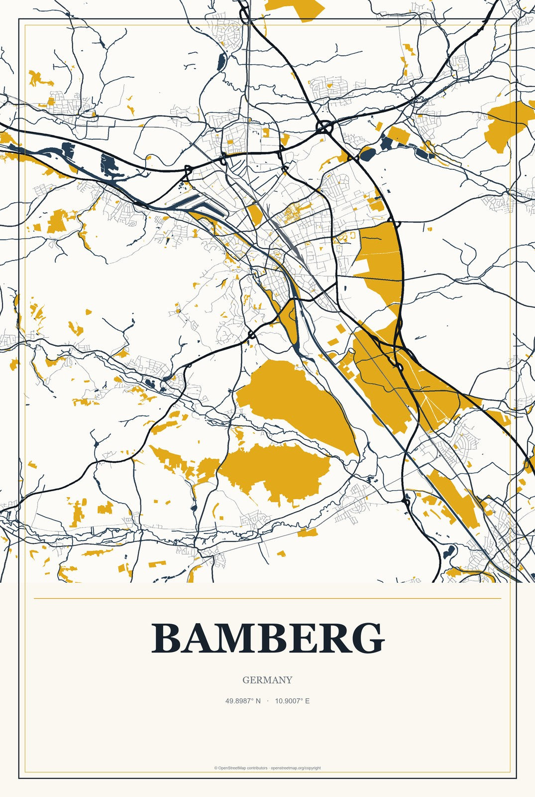 Bamberg, Germany City Map Aluminum Sign in Citrine Modern style