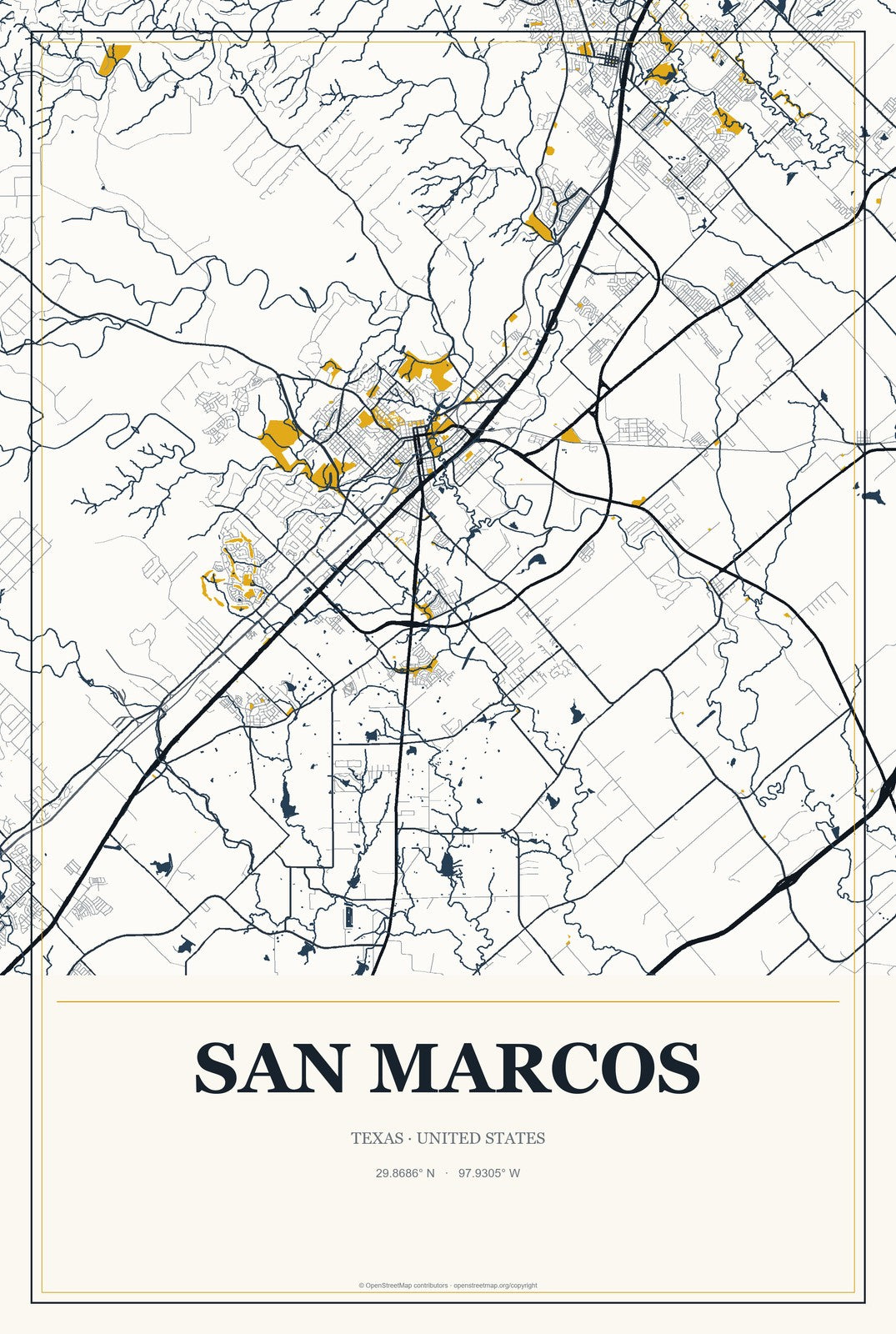 San Marcos, Texas City Map Aluminum Sign in Citrine Modern style
