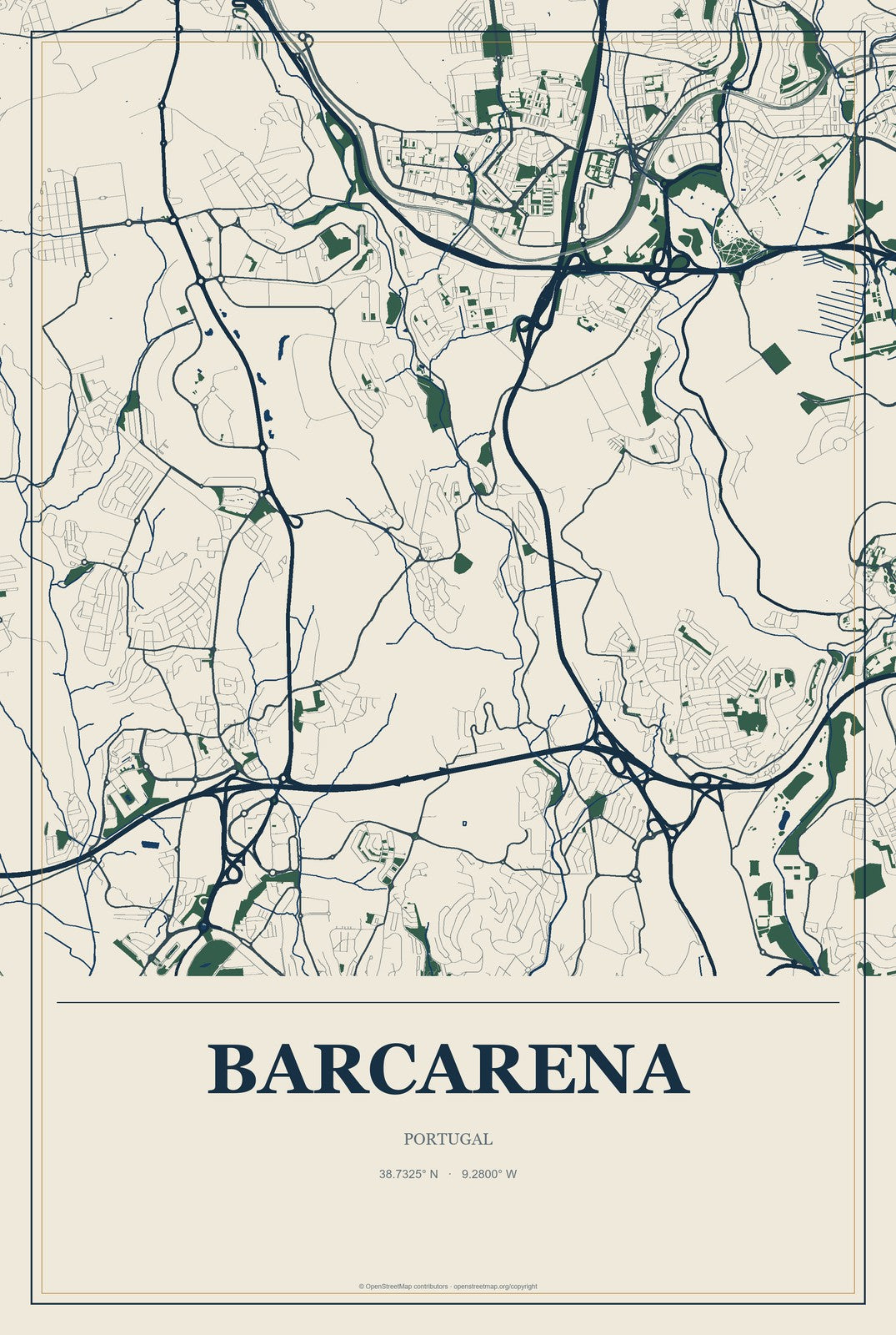 Barcarena, Portugal City Map Aluminum Sign in Coastal Cutout style