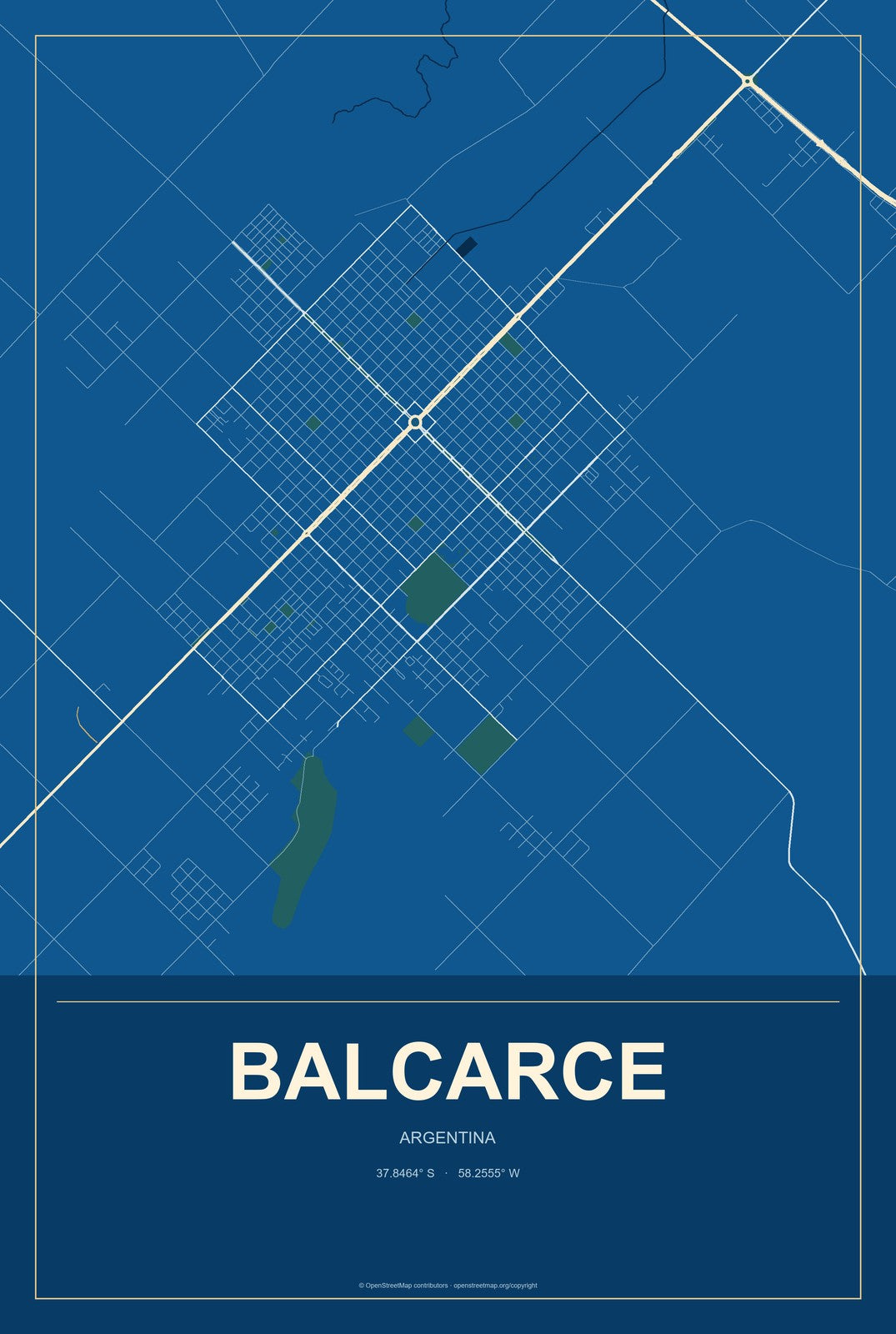 Balcarce, Argentina City Map Aluminum Sign in Harbor Cobalt style