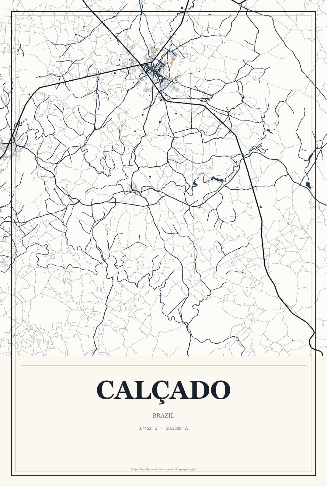 Calçado, Brazil City Map Aluminum Sign in Citrine Modern style