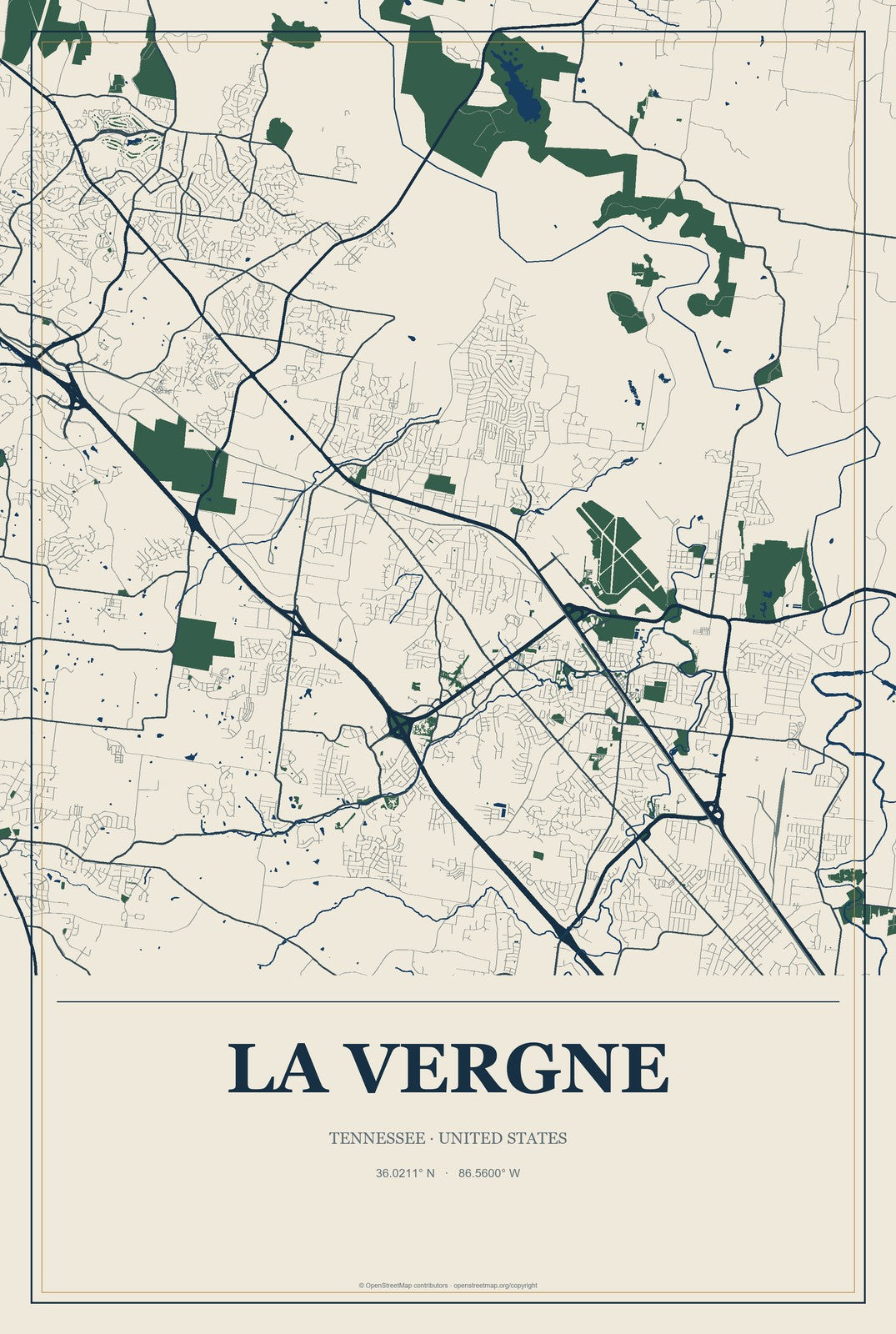 La Vergne, Tennessee City Map Aluminum Sign in Coastal Cutout style