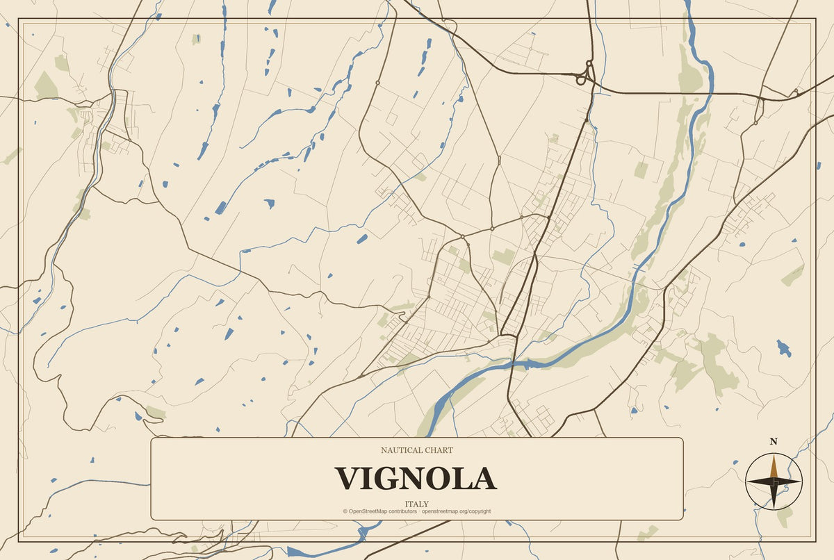 Vignola, Italy City Map Aluminum Sign in Heritage Nautical style