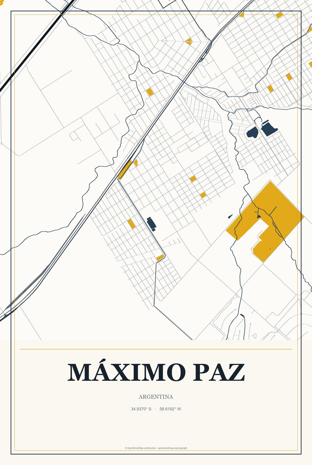 Máximo Paz, Argentina City Map Aluminum Sign in Citrine Modern style