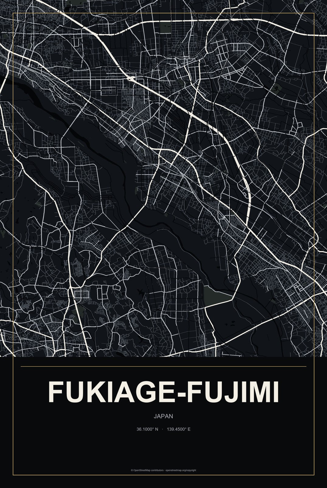 Fukiage-fujimi, Japan City Map Aluminum Sign in Metropolitan Noir style