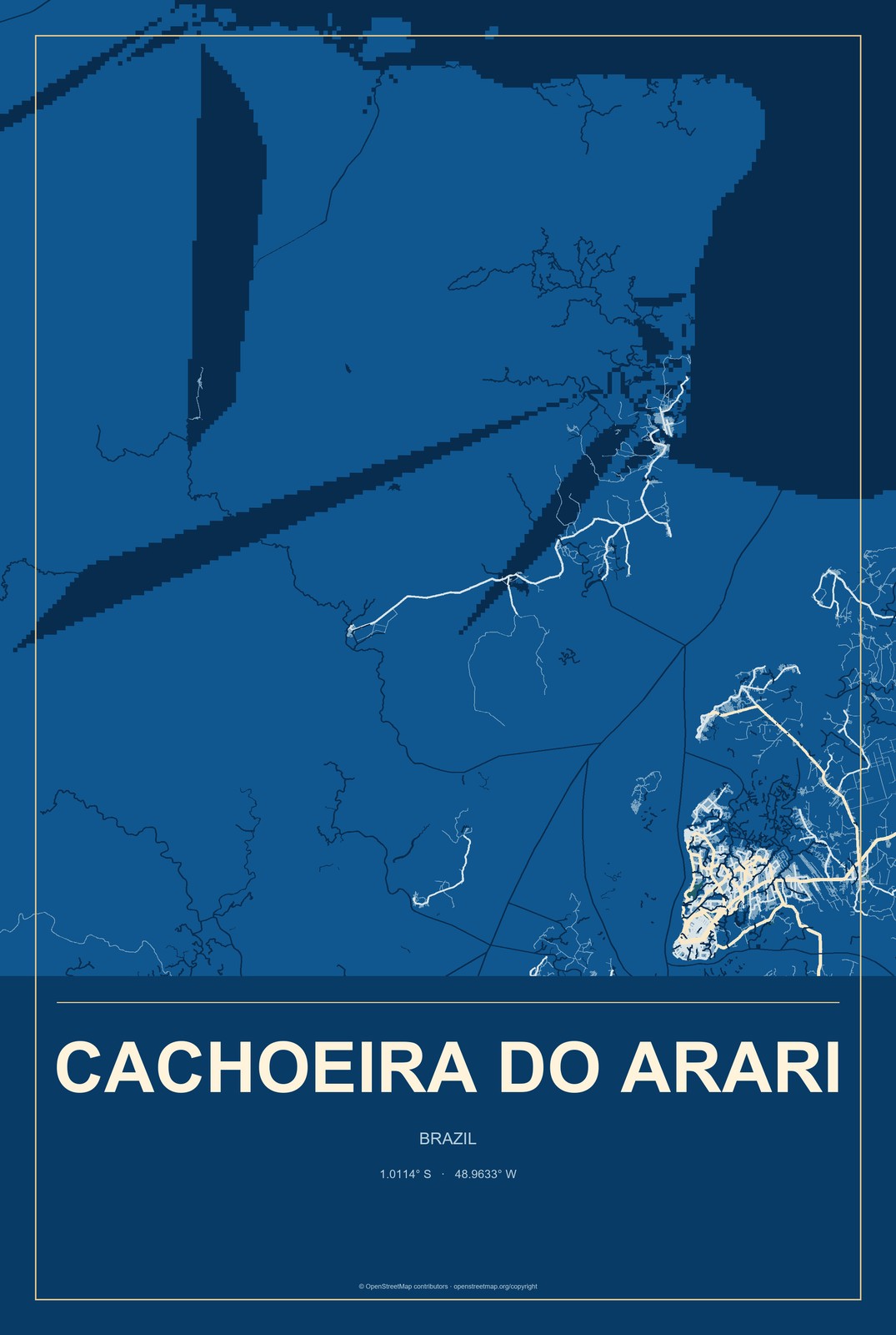 Cachoeira do Arari, Brazil City Map Aluminum Sign in Harbor Cobalt style