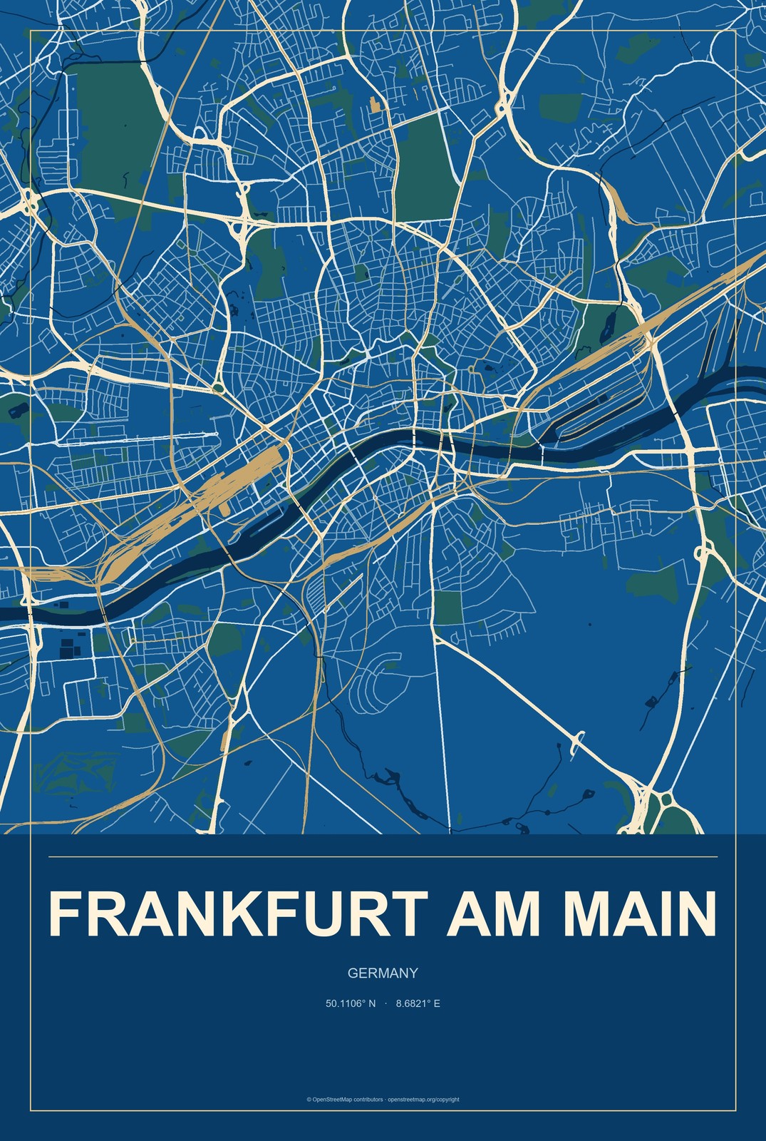 Frankfurt am Main, Germany City Map Aluminum Sign in Harbor Cobalt style