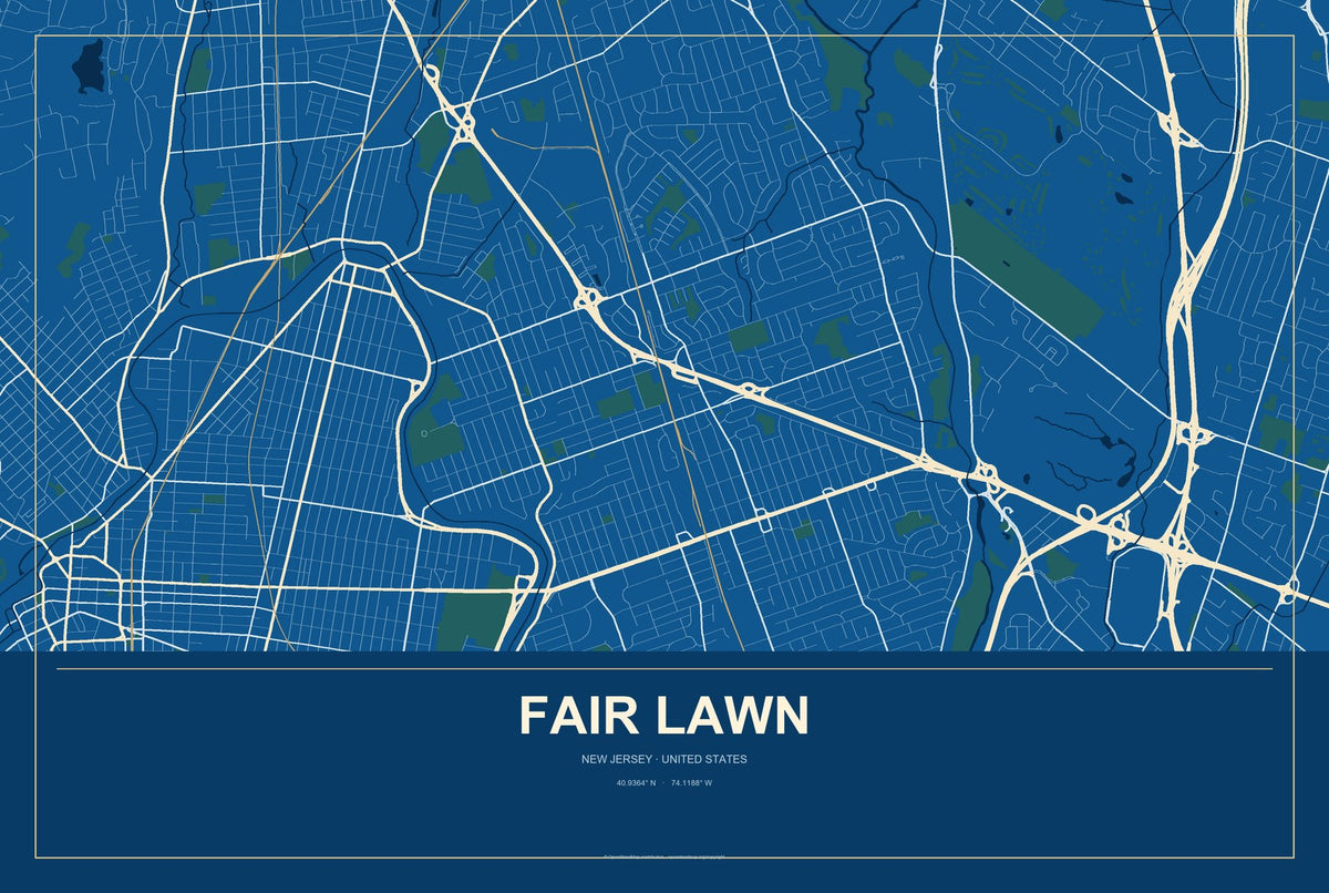 Fair Lawn, New Jersey City Map Aluminum Sign in Harbor Cobalt style