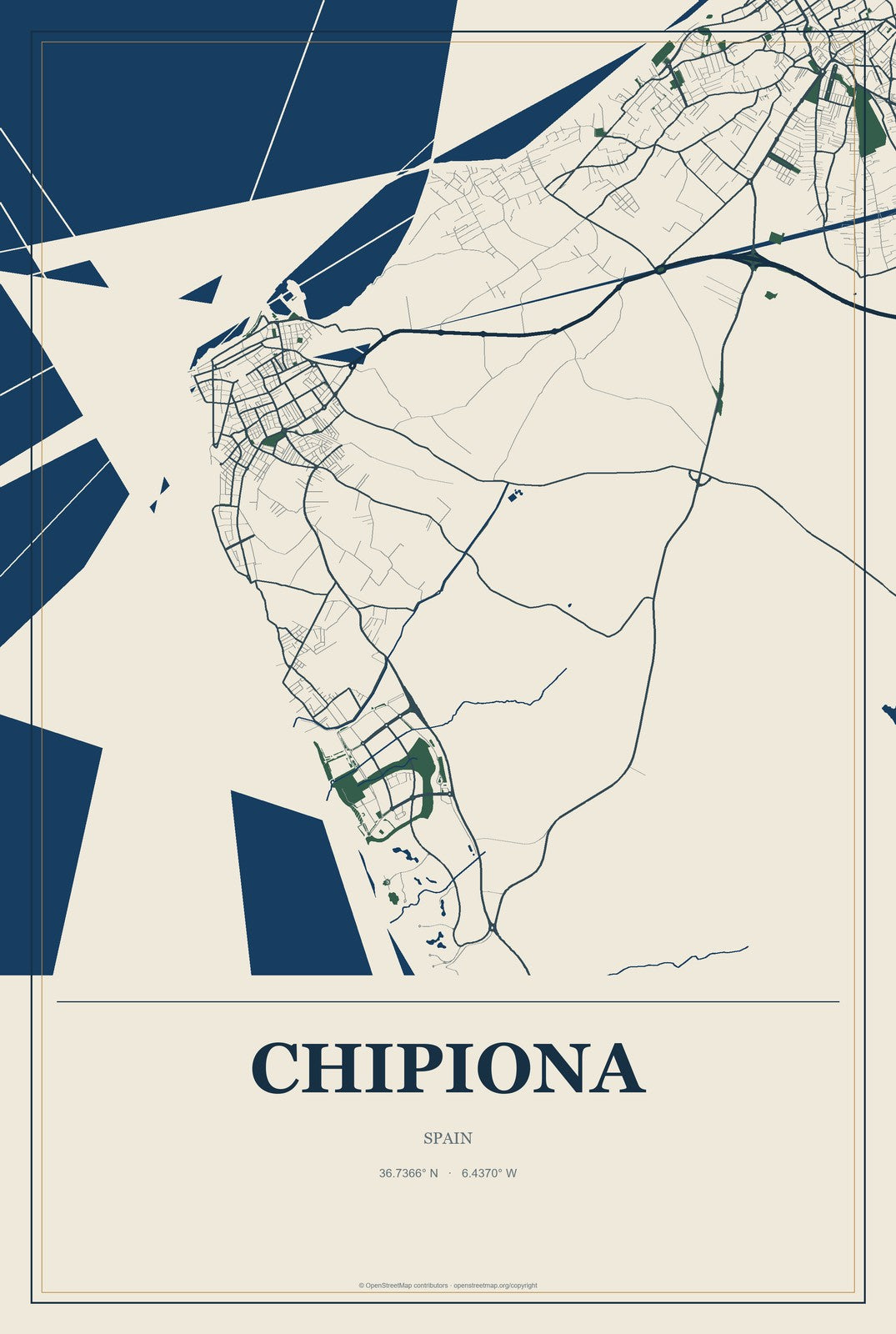 Chipiona, Spain City Map Aluminum Sign in Coastal Cutout style