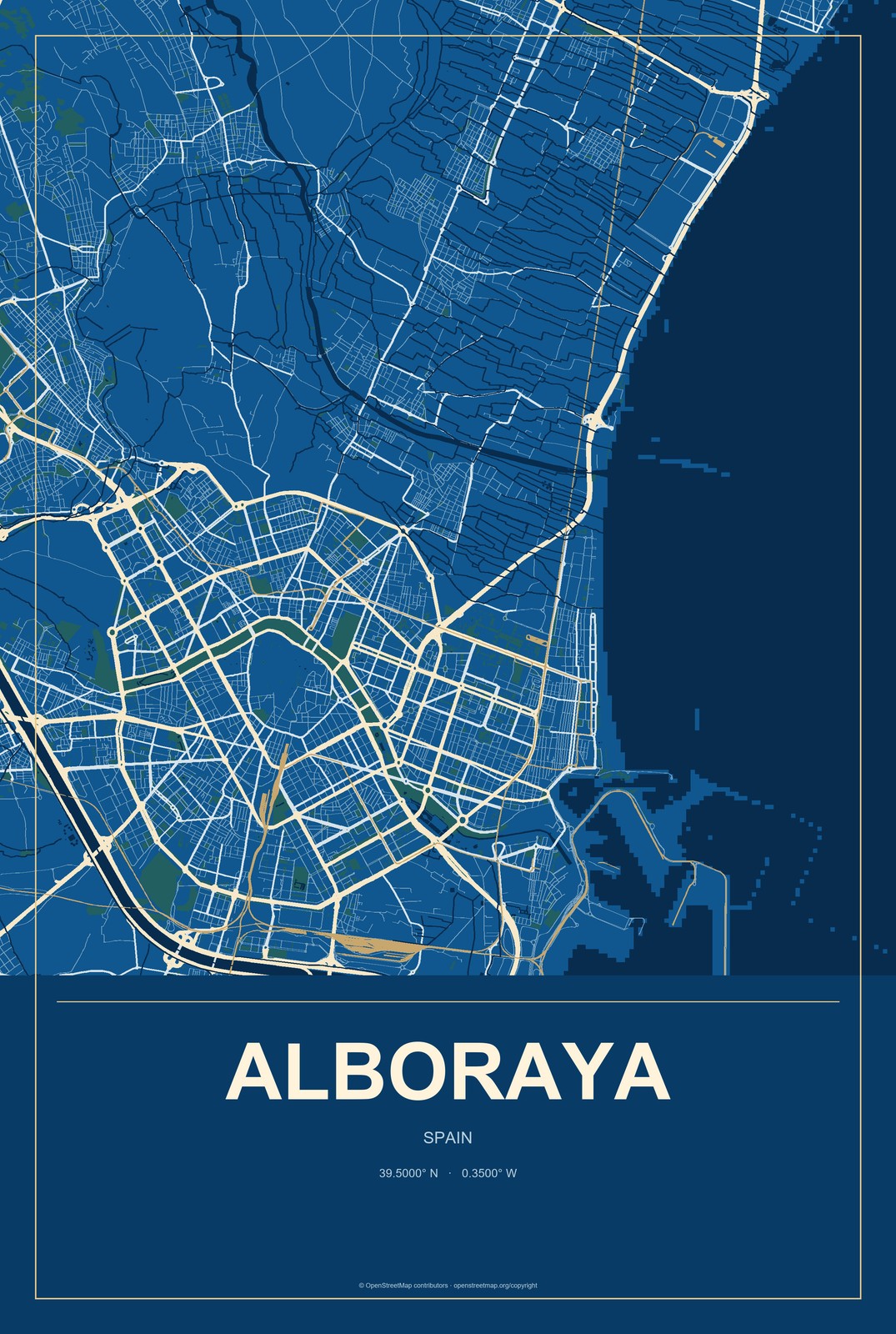 Alboraya, Spain City Map Aluminum Sign in Harbor Cobalt style