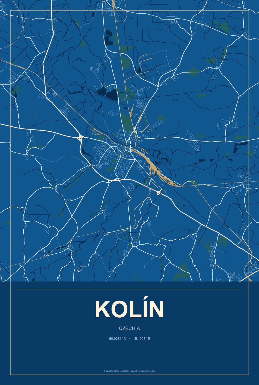 Kolín, Czechia City Map Aluminum Sign in Harbor Cobalt style