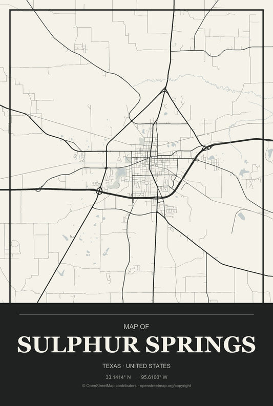 Sulphur Springs, Texas City Map Aluminum Sign in Museum Plaque style