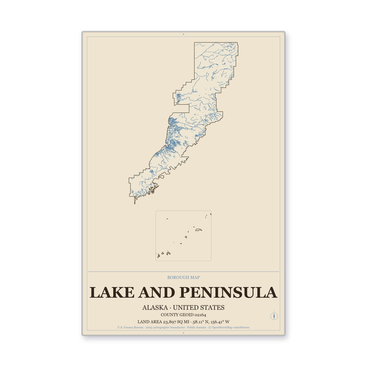 Lake and Peninsula Borough, Alaska Map Aluminum Sign in Heritage Nautical style
