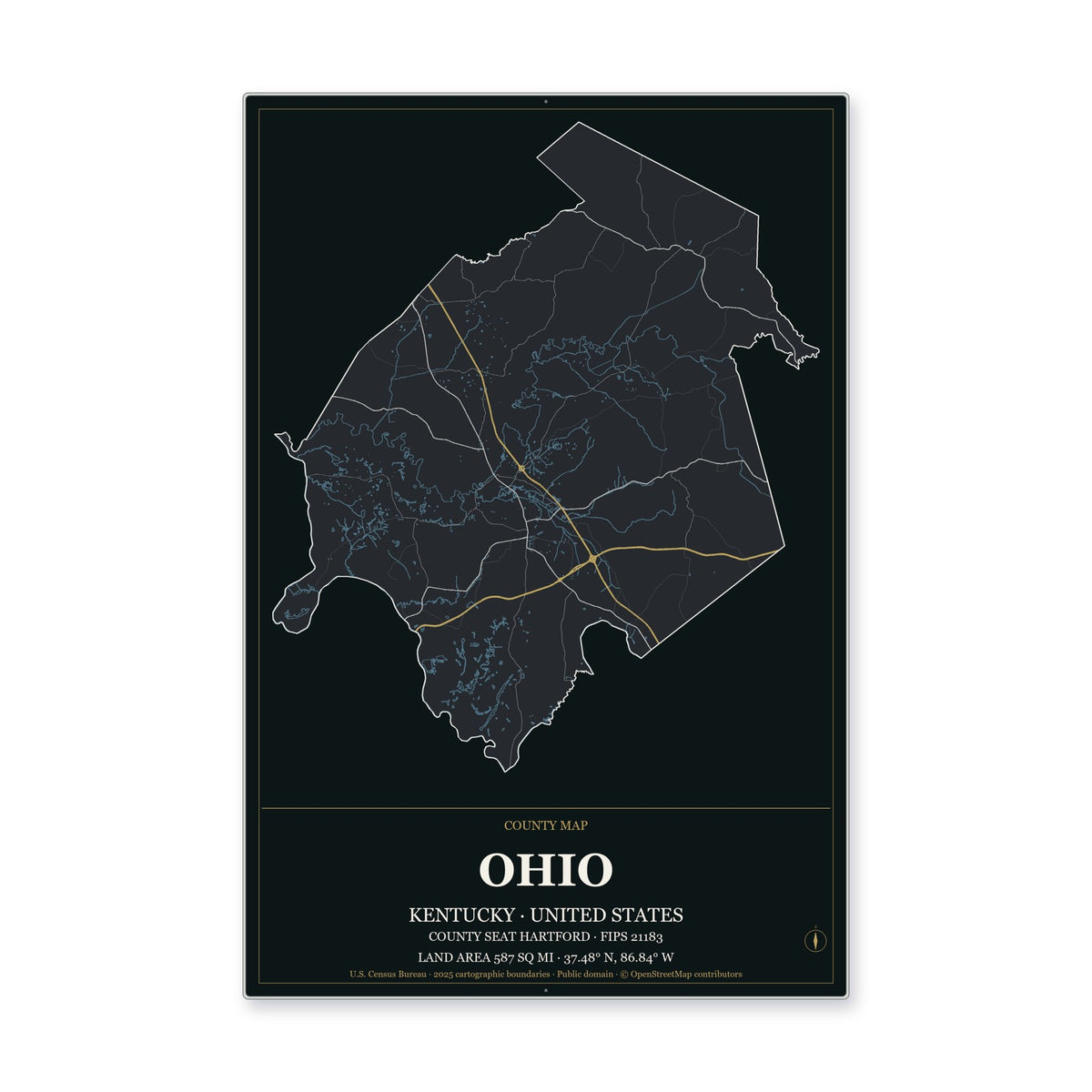 Ohio County, Kentucky Map Aluminum Sign in Metropolitan Noir style