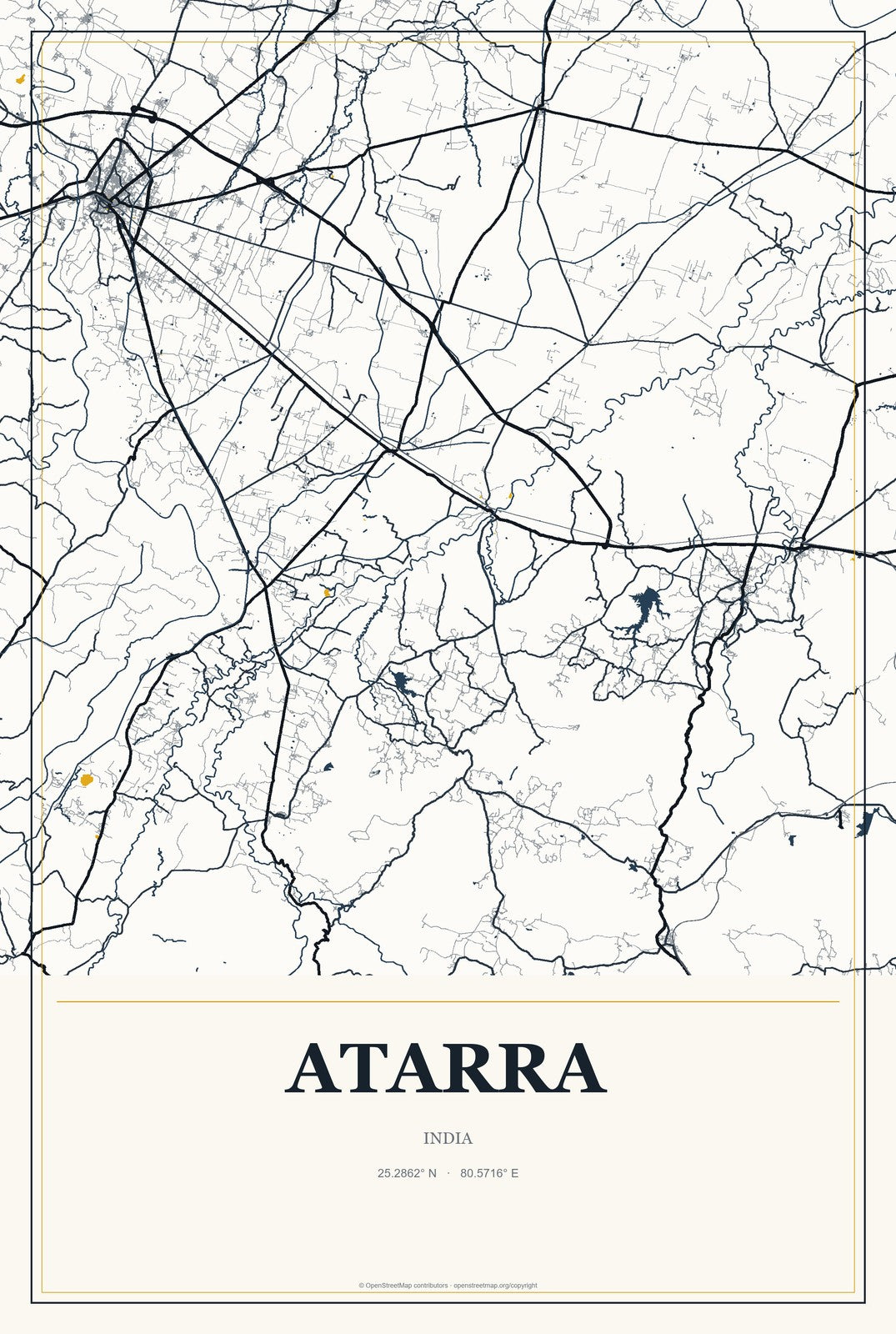 Atarra, India City Map Aluminum Sign in Citrine Modern style