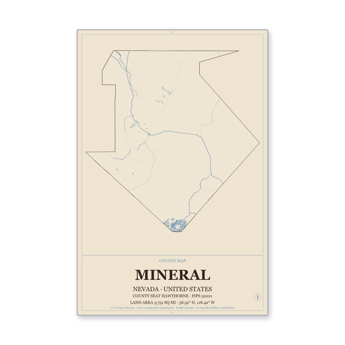 Mineral County, Nevada Map Aluminum Sign in Heritage Nautical style
