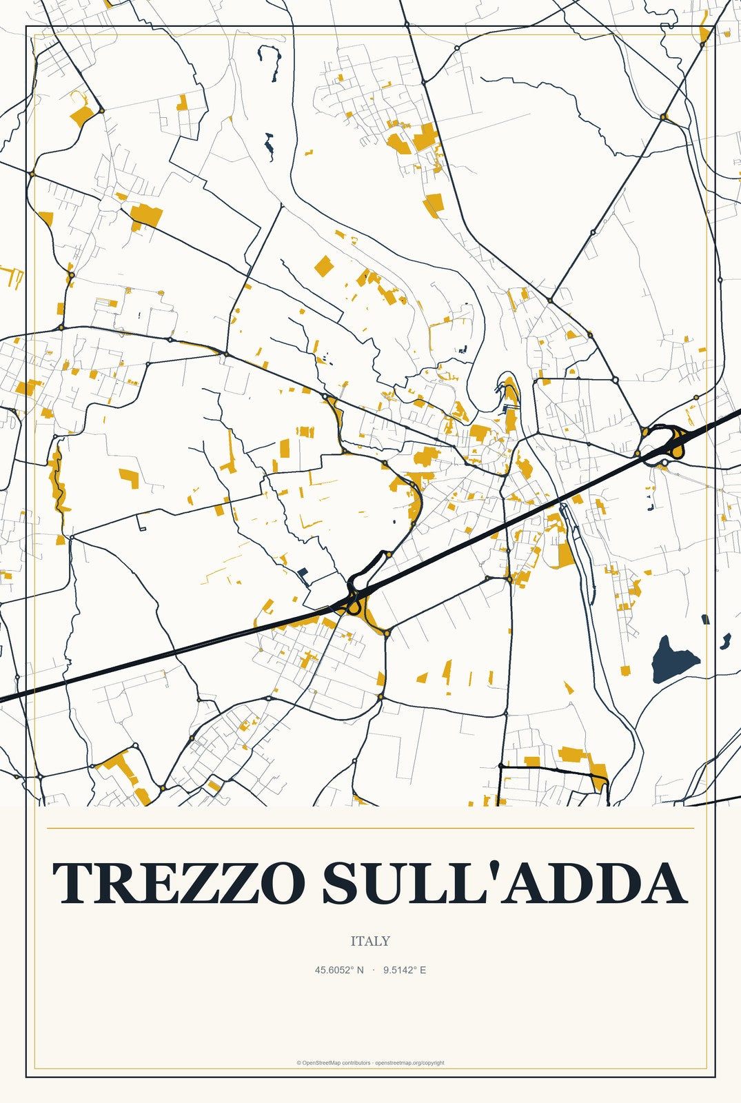 Trezzo sull'Adda, Italy City Map Aluminum Sign in Citrine Modern style