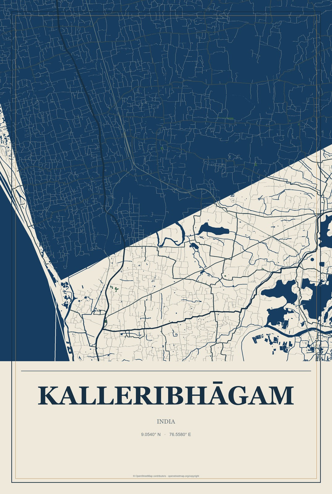 Kalleribhāgam, India City Map Aluminum Sign in Coastal Cutout style