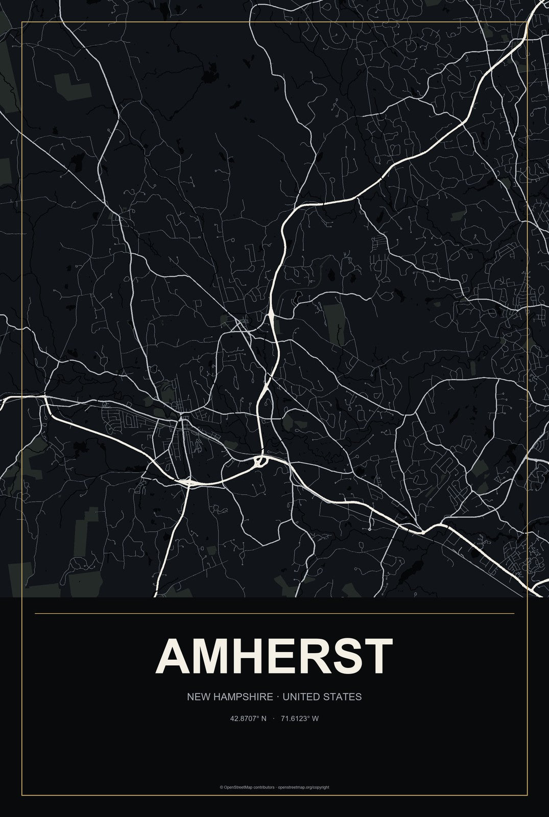 Amherst, New Hampshire City Map Aluminum Sign in Metropolitan Noir style