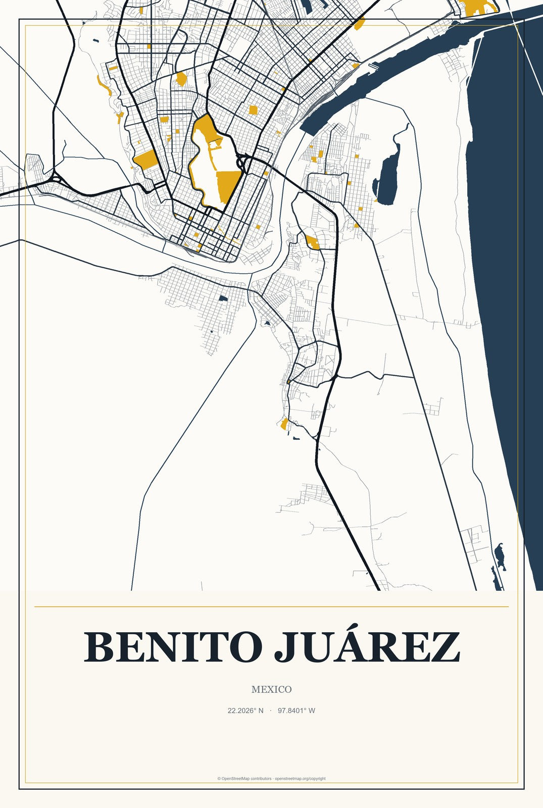 Benito Juárez, Veracruz, Mexico City Map Aluminum Sign in Citrine Modern style