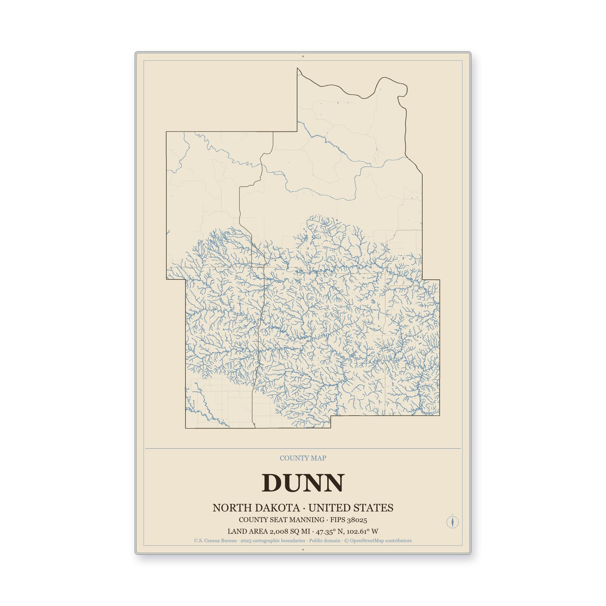 Dunn County, North Dakota Map Aluminum Sign in Heritage Nautical style