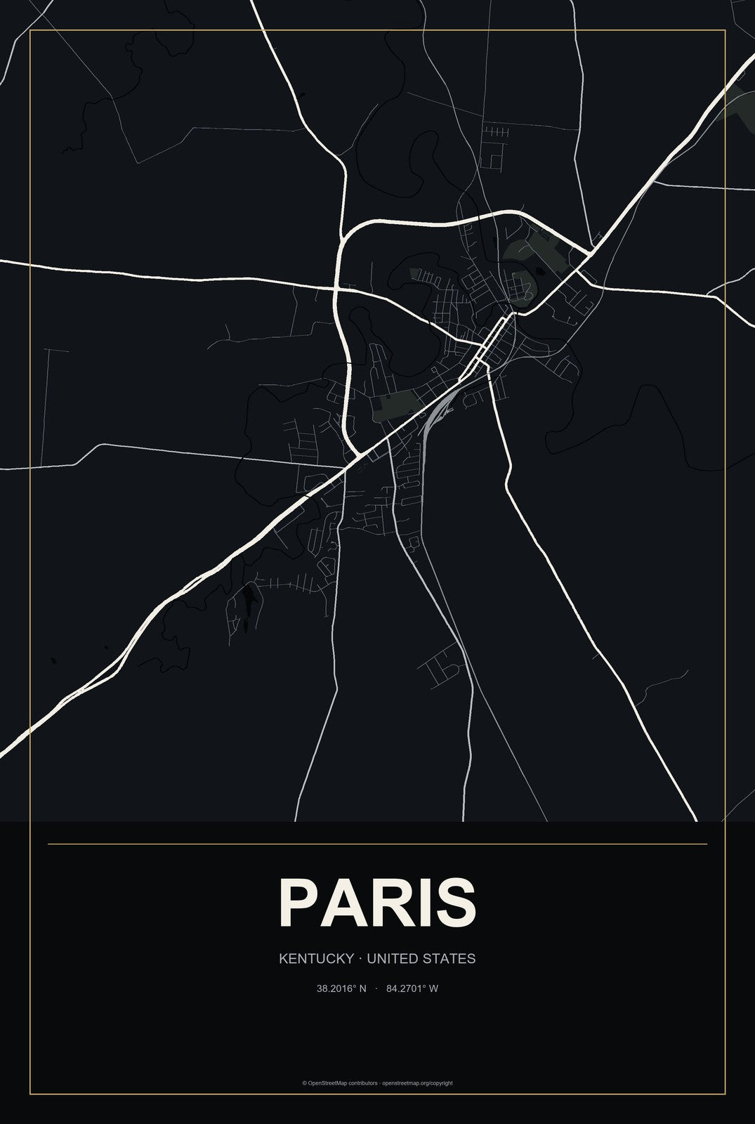 Paris, Kentucky City Map Aluminum Sign in Metropolitan Noir style