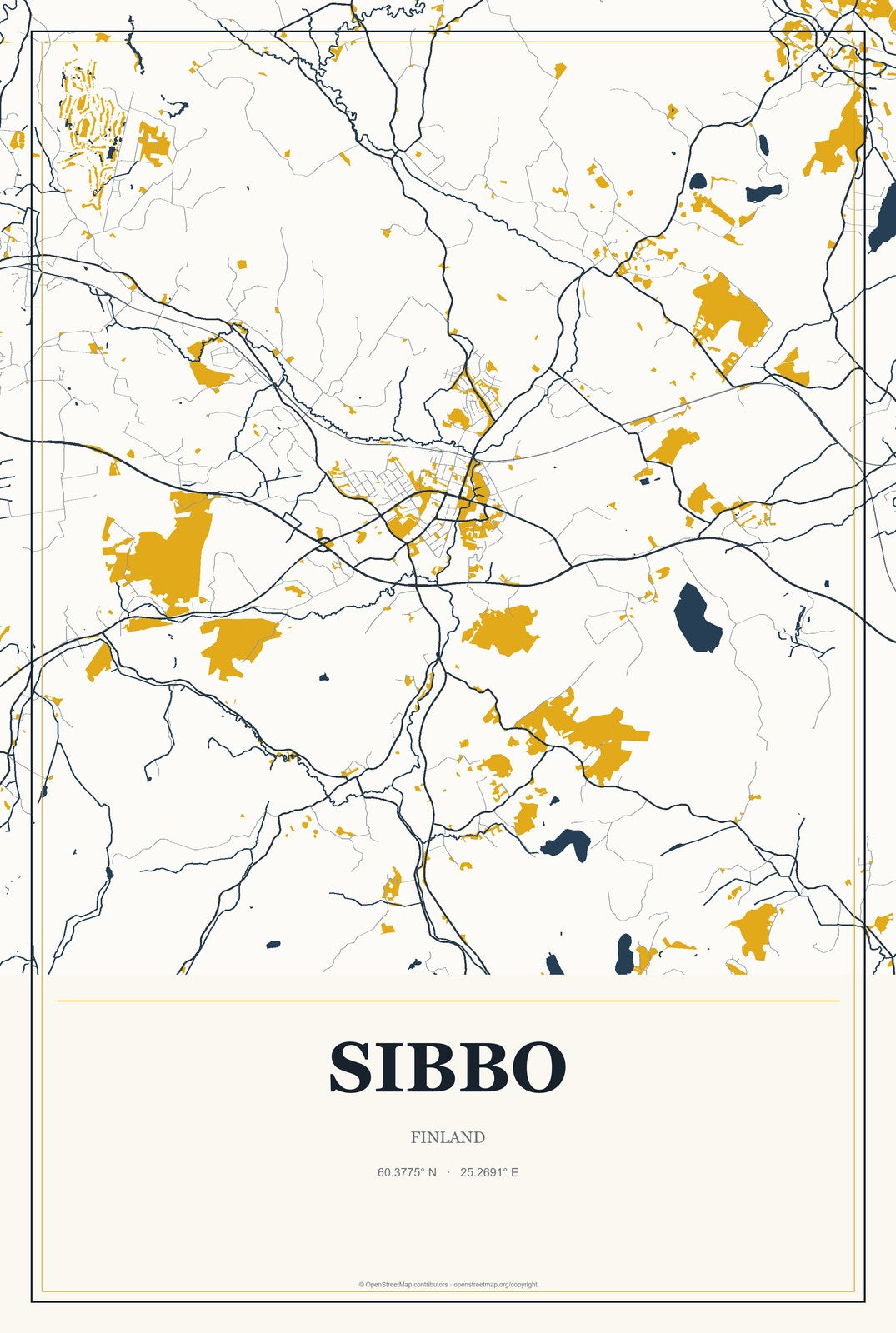 Sibbo, Finland City Map Aluminum Sign in Citrine Modern style
