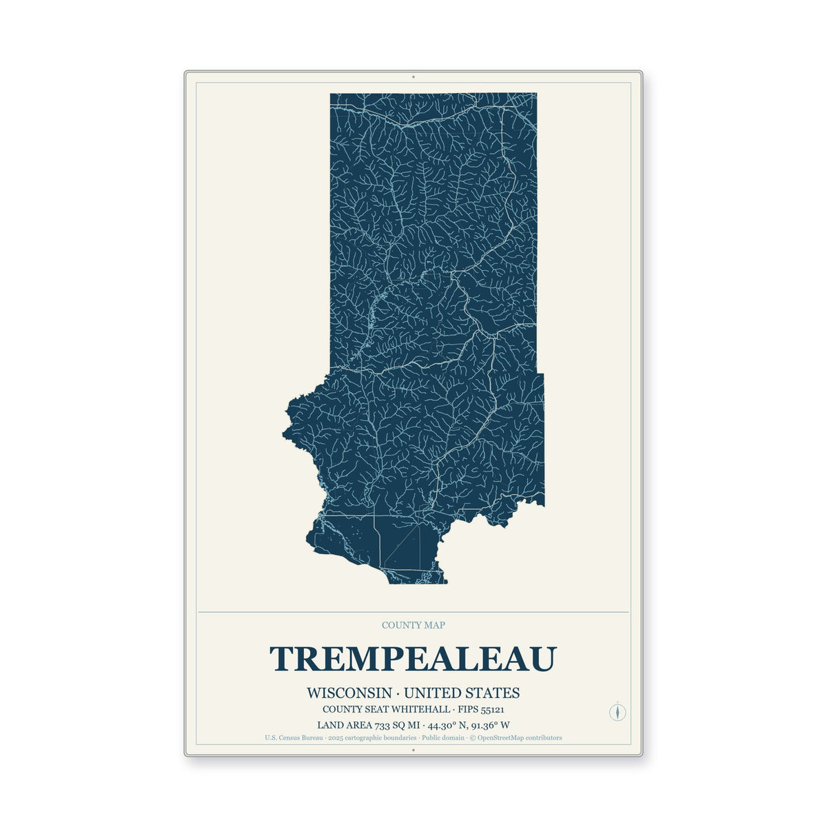 Trempealeau County, Wisconsin Map Aluminum Sign in Coastal Cutout style
