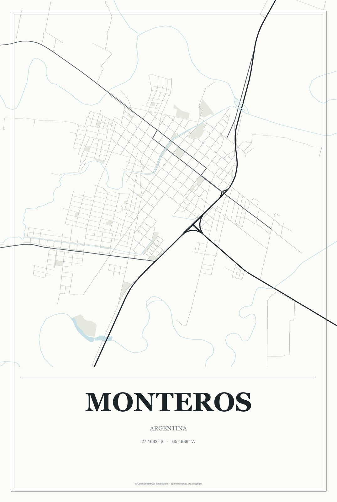 Monteros, Argentina City Map Aluminum Sign in Gallery Air style