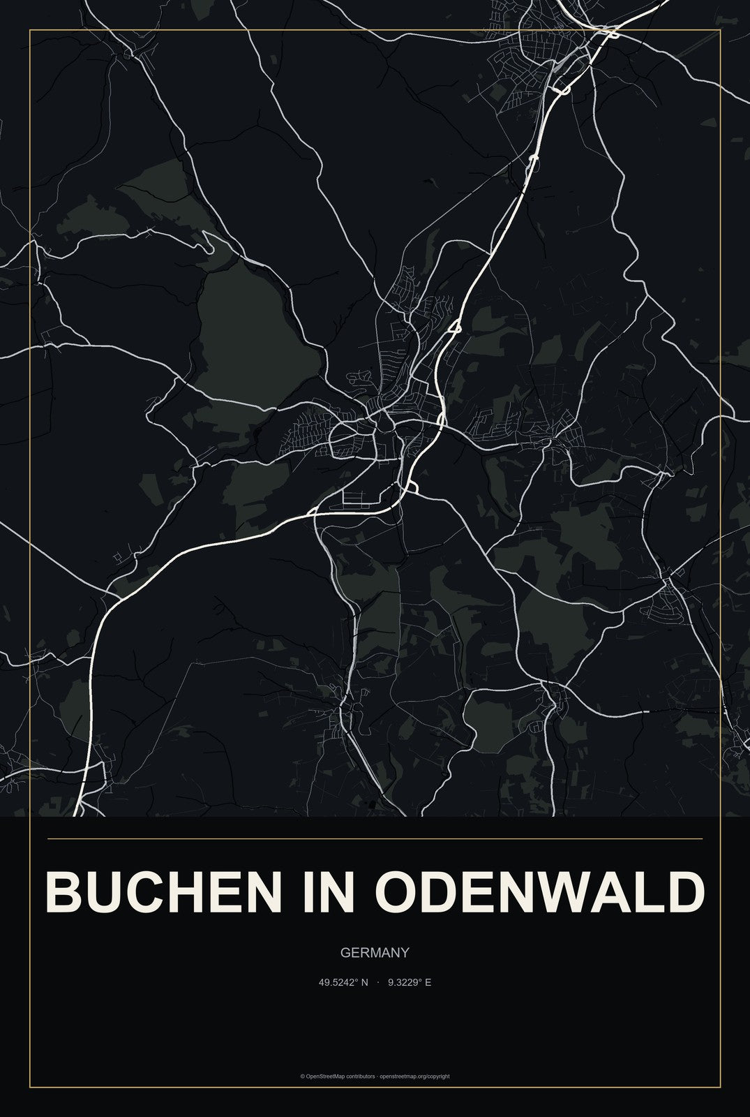 Buchen in Odenwald, Germany City Map Aluminum Sign in Metropolitan Noir style