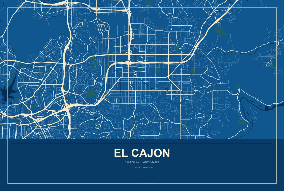 El Cajon, California City Map Aluminum Sign in Harbor Cobalt style