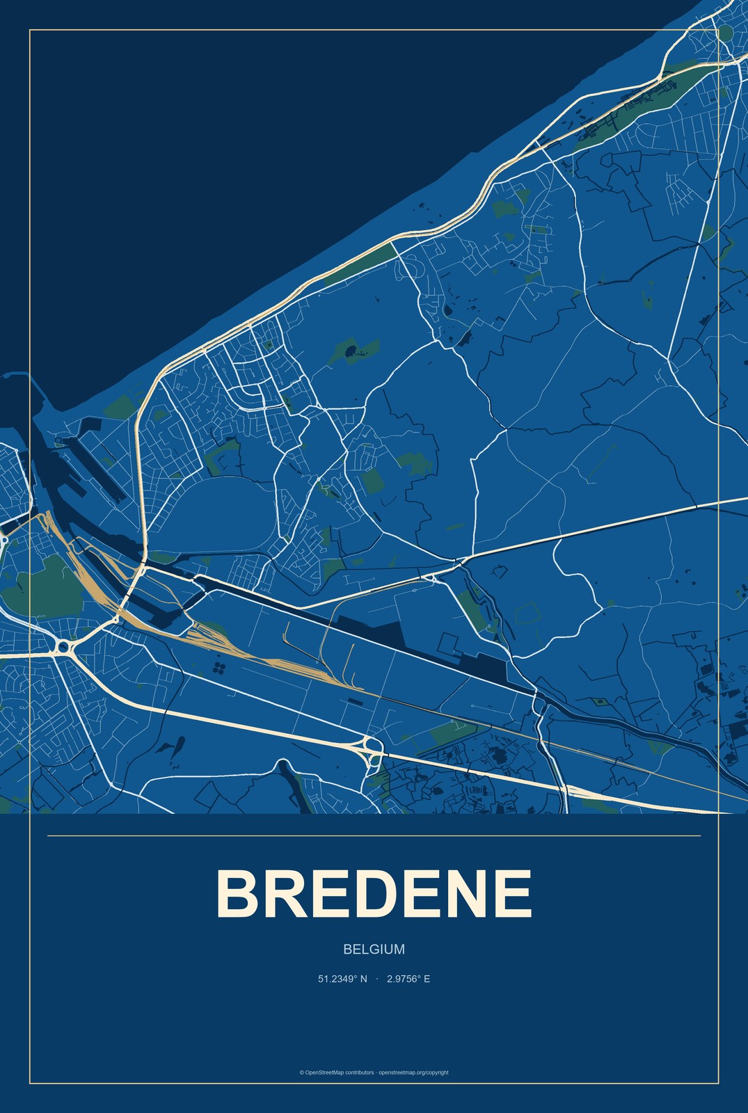 Bredene, Belgium City Map Aluminum Sign in Harbor Cobalt style