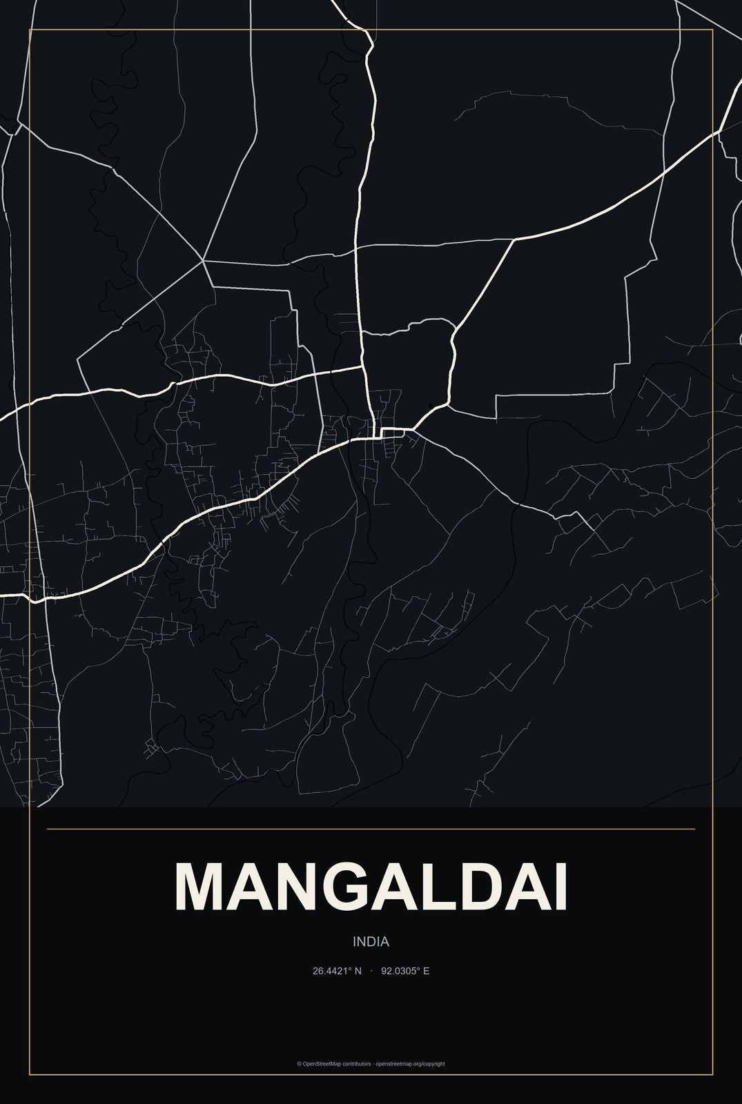 Mangaldai, India City Map Aluminum Sign in Metropolitan Noir style