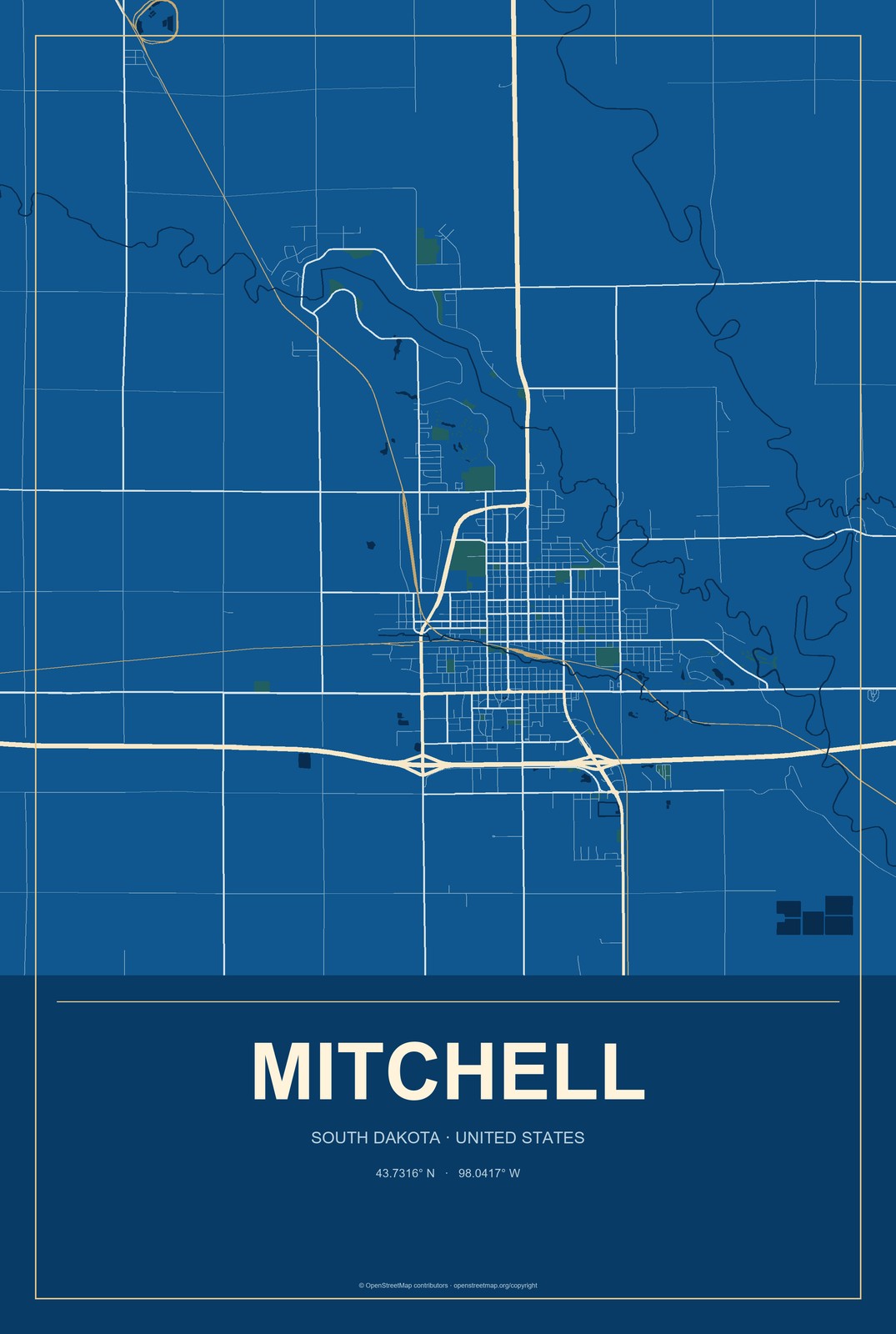 Mitchell, South Dakota City Map Aluminum Sign in Harbor Cobalt style