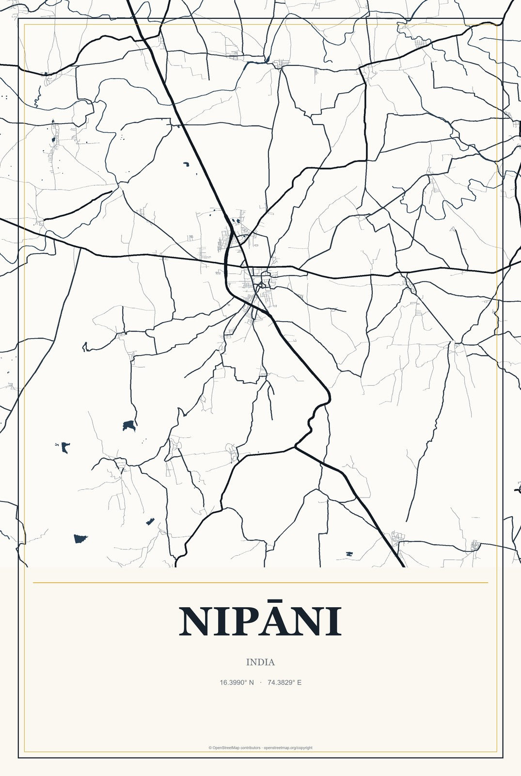 Nipāni, India City Map Aluminum Sign in Citrine Modern style