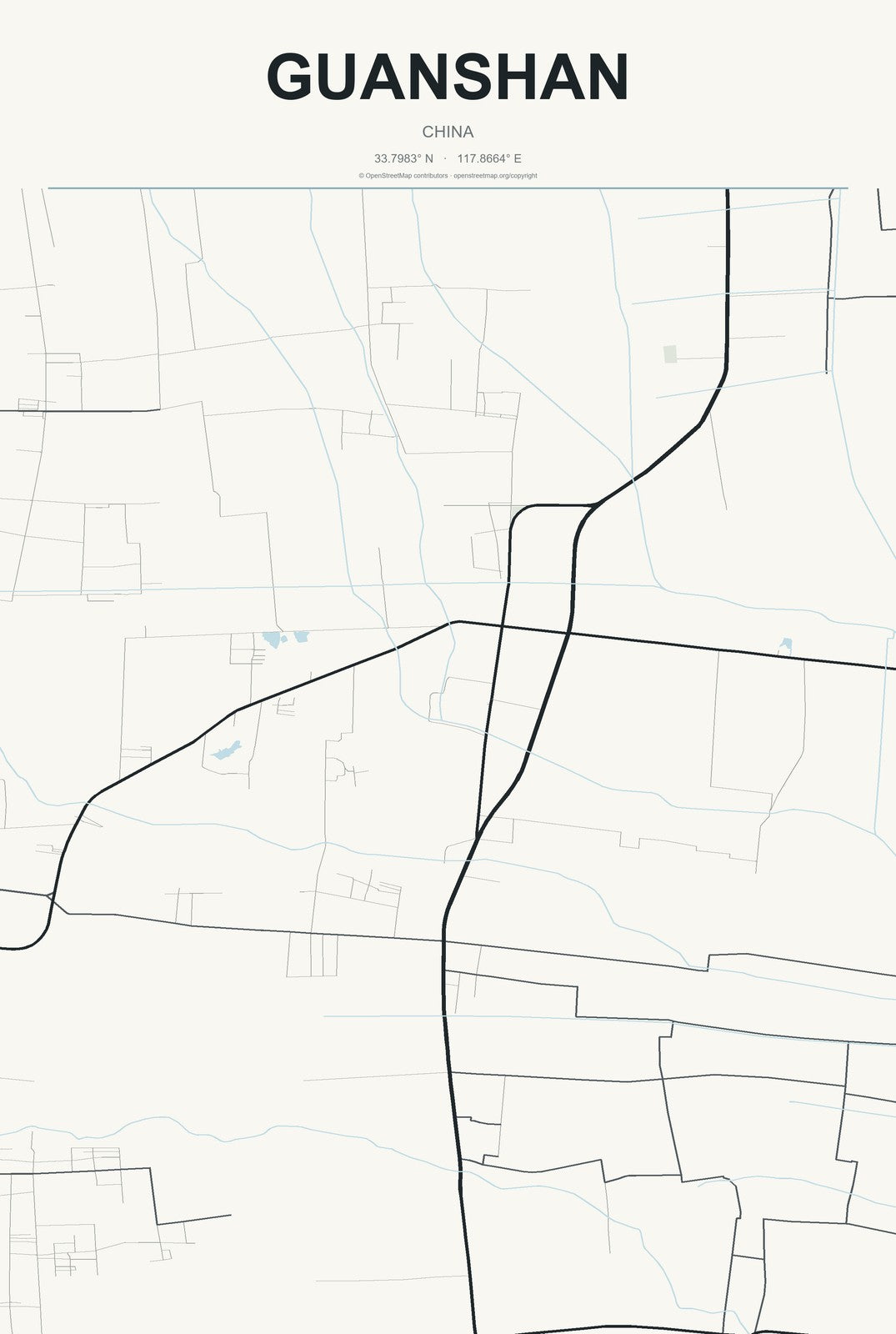 Guanshan, China City Map Aluminum Sign in Headline Atlas style