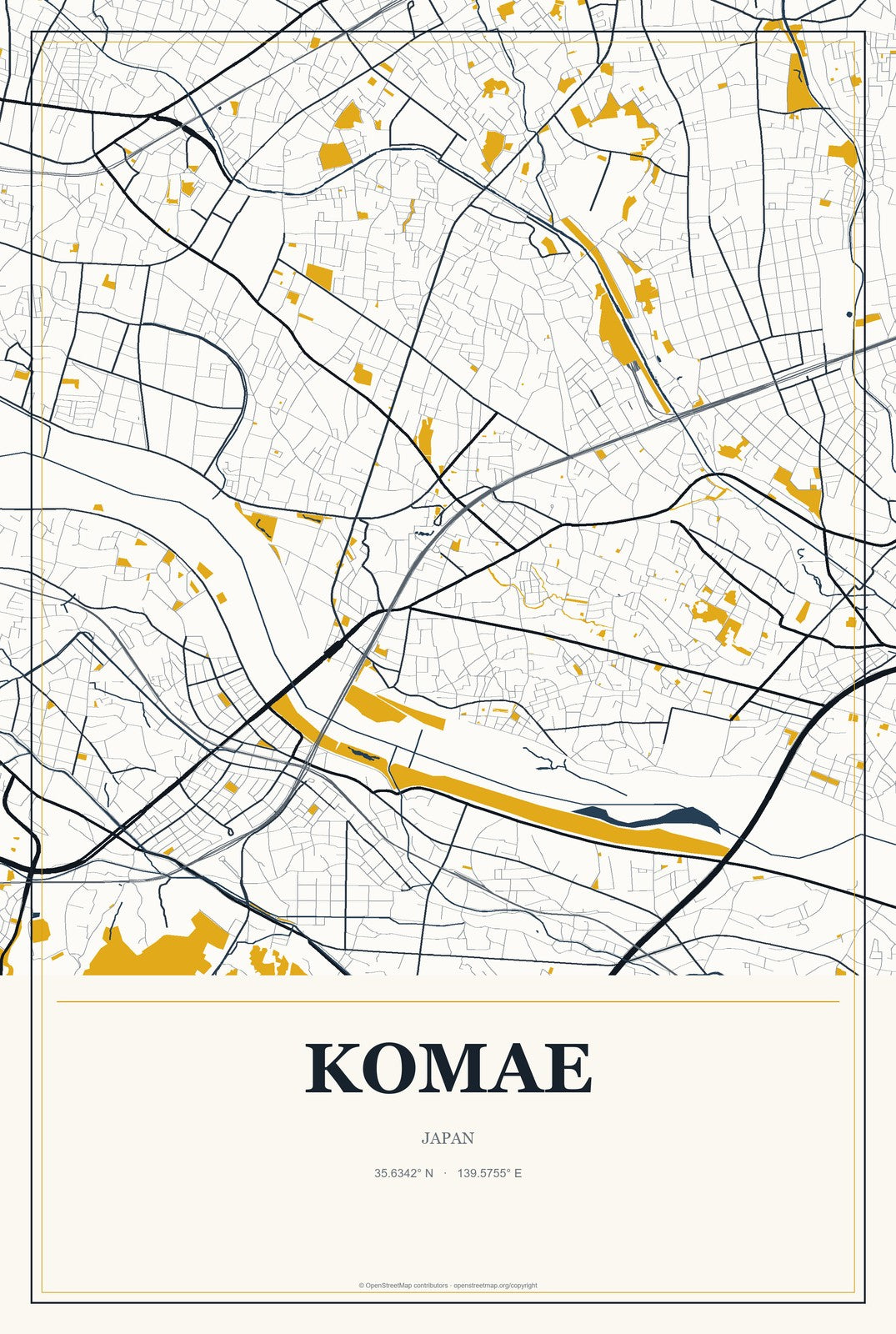 Komae, Japan City Map Aluminum Sign in Citrine Modern style