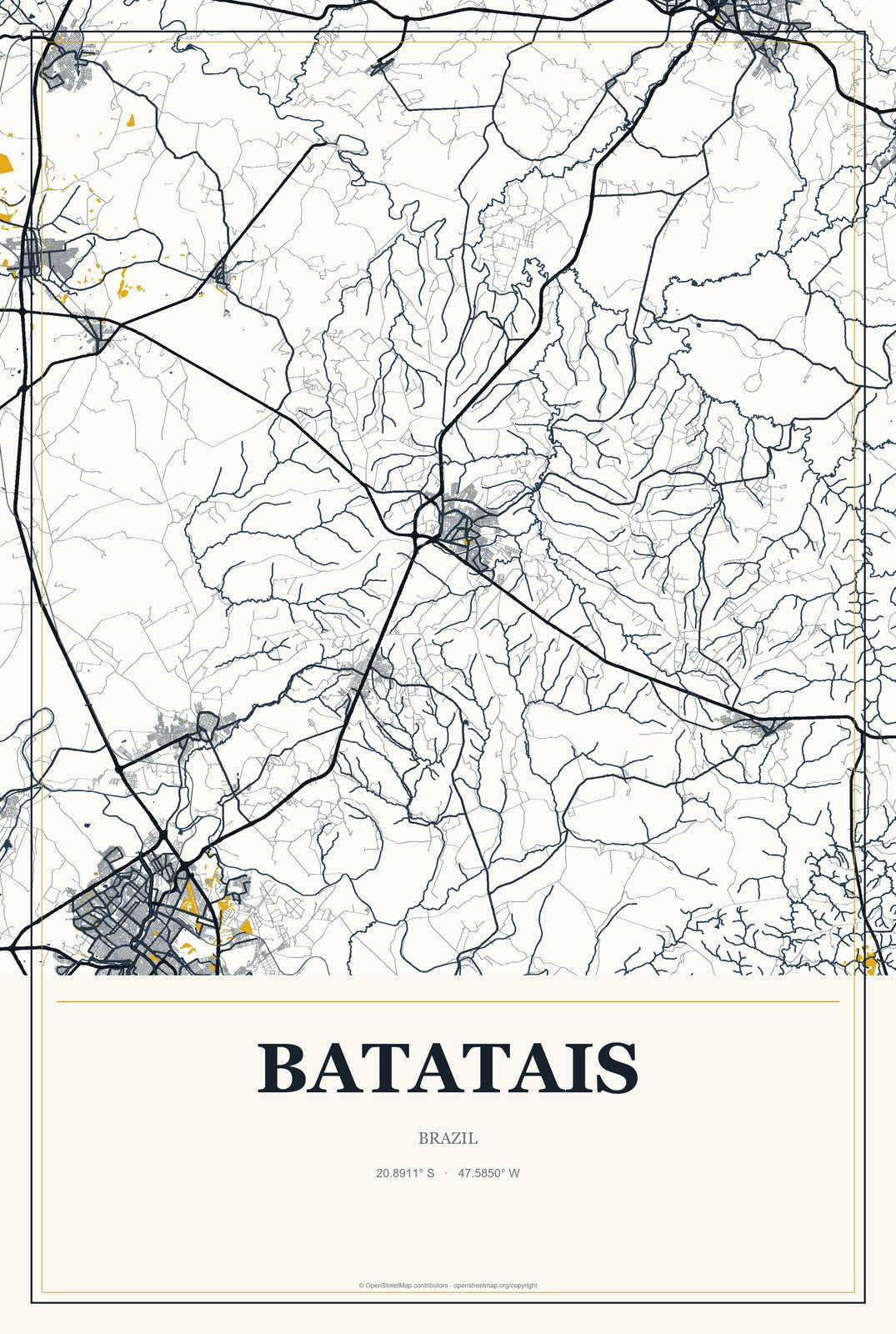 Batatais, Brazil City Map Aluminum Sign in Citrine Modern style