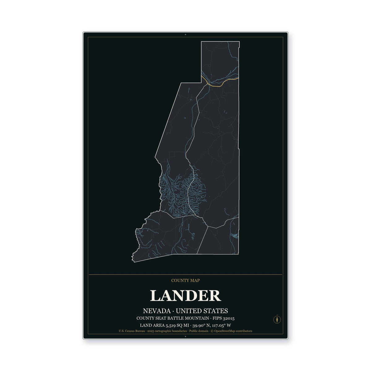 Lander County, Nevada Map Aluminum Sign in Metropolitan Noir style