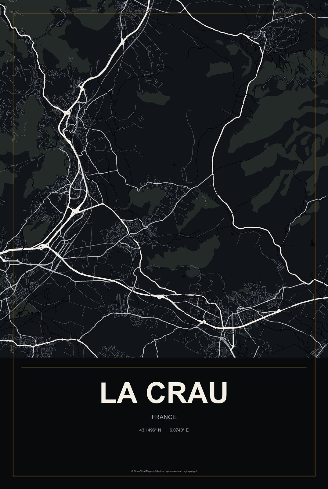 La Crau, France City Map Aluminum Sign in Metropolitan Noir style