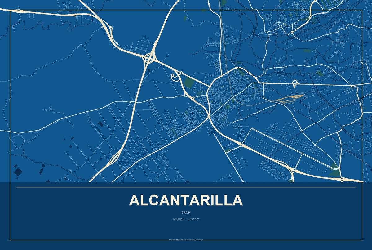 Alcantarilla, Spain City Map Aluminum Sign in Harbor Cobalt style