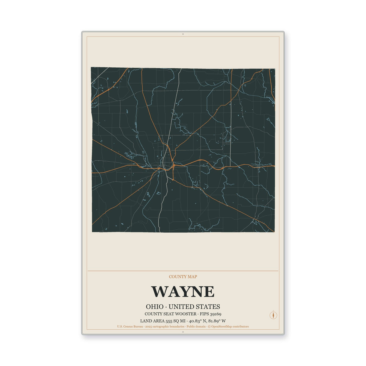 Wayne County, Ohio Map Aluminum Sign in Headline Atlas style