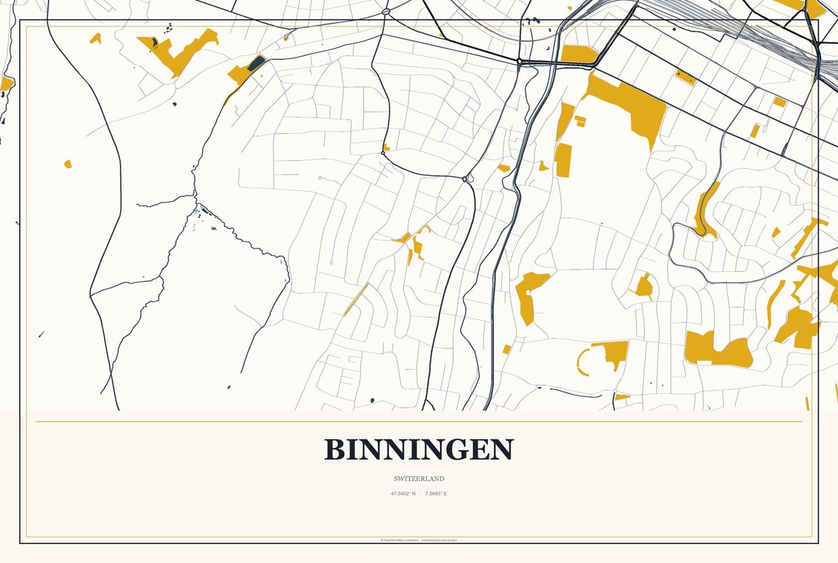 Binningen, Switzerland City Map Aluminum Sign in Citrine Modern style