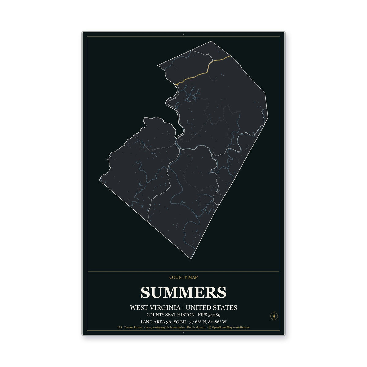 Summers County, West Virginia Map Aluminum Sign in Metropolitan Noir style