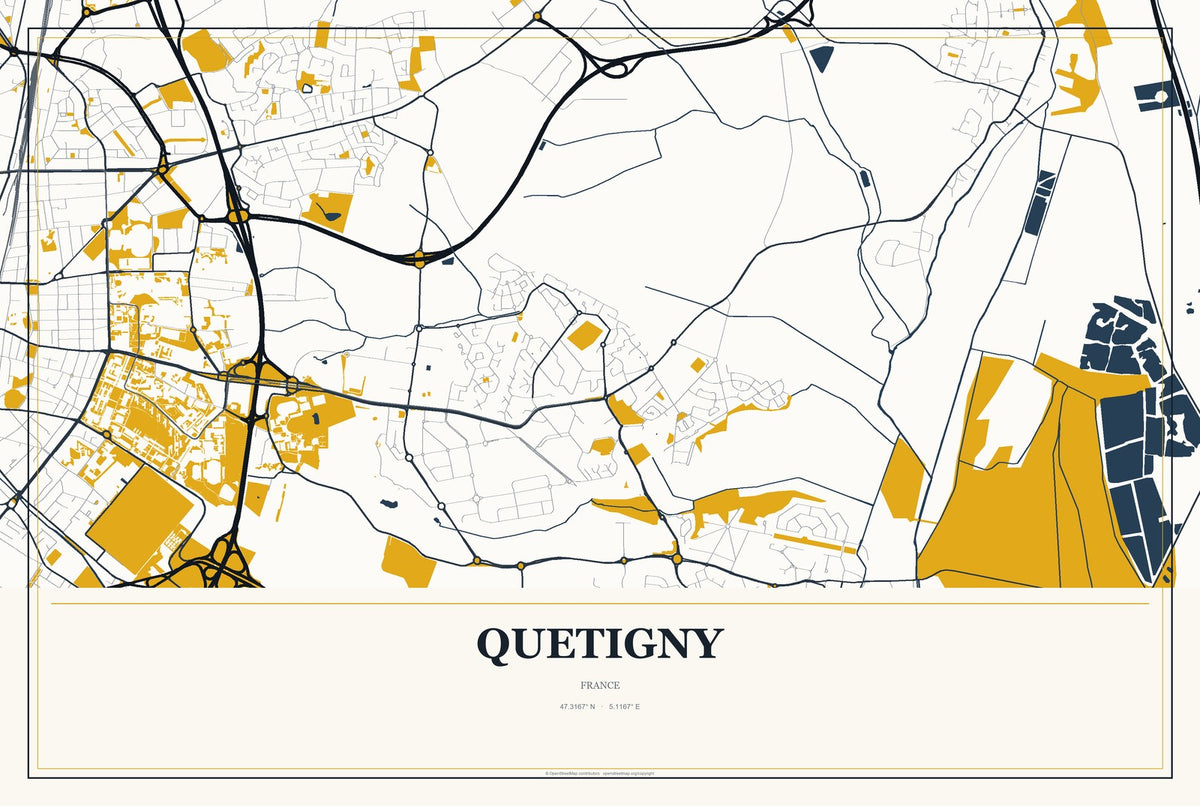 Quetigny, France City Map Aluminum Sign in Citrine Modern style